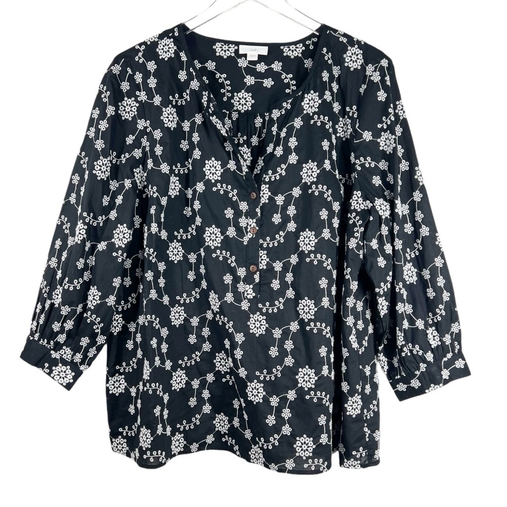 J.JILL Black Cotton blouse with white Embroidery balloon Sleeve Large